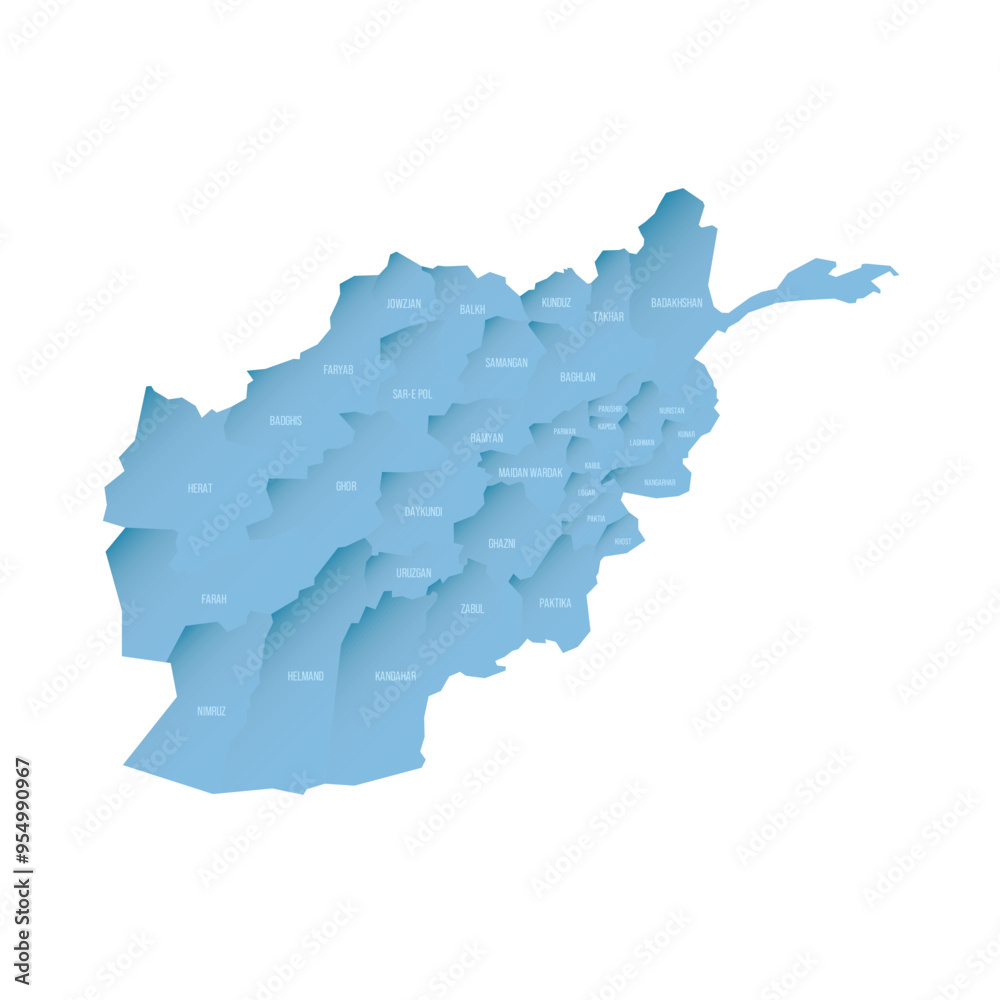 Sticker afghanistan political map of administrative divisions - provinces. shaded vector map with 3d-like bl