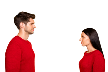 Profile side photo of concentared man and woman stare face-to face wear red pullover isolated over yellow background