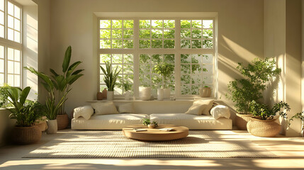 Sunlight Streaming Through Large Windows in a Modern Living Room with a Beige Sofa, Wooden Coffee Table, and Lush Green Plants