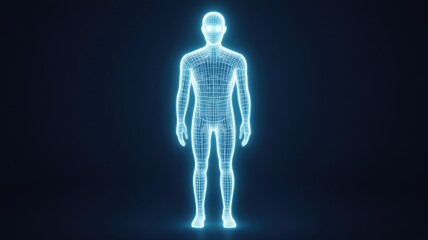 Futuristic silhouette of a human figure created with glowing lines, representing technology and innovation in health and science.