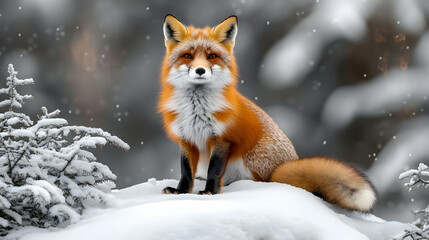 A Red Fox Sitting in the Snow with Snowy Trees in the Background