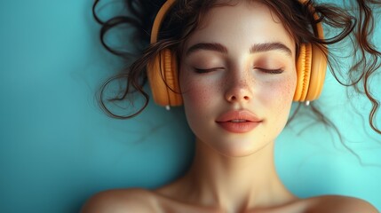 Fototapeta premium A close-up shot of a woman with curly hair enjoying music through vibrant orange headphones on a vivid blue background