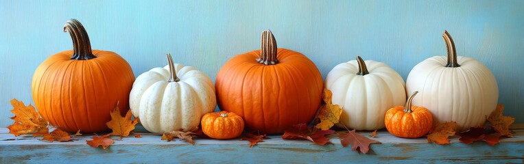 Rustic Pumpkin Display on Wooden Table with Autumn Leaves