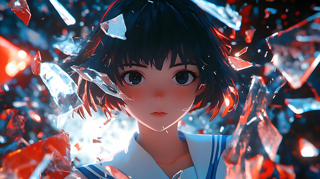 Anime Girl with Blue and Red Shattered Glass Abstract Background Animation