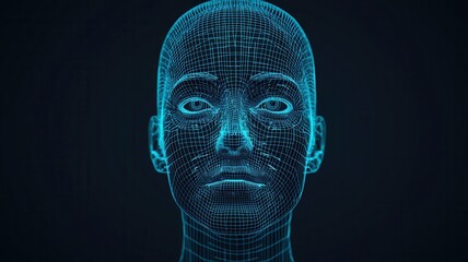 Futuristic wireframe portrait of a human head with glowing blue lines on a dark background, representing AI and digital technology.