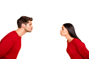 Profile side photo of charming spouses send air kiss wear red pullover isolated over vivid color background