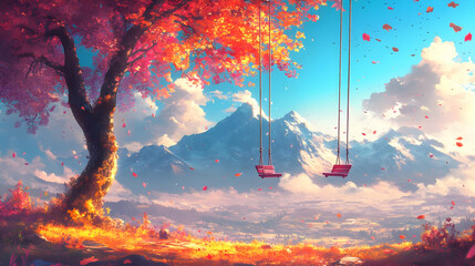 Autumn Leaves Falling on a Mountain Landscape with Two Swings Hanging from a Tree