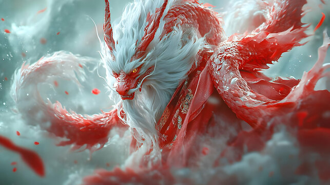 A Powerful Red Dragon With White Fur Swirling in the Mist, Unleashing Its Fiery Breath and Power