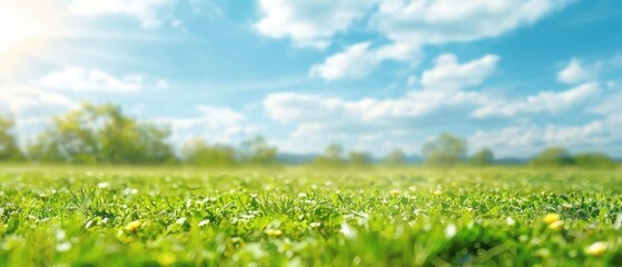 Fototapeta premium A Fresh Spring Meadow Under A Blue Sky With White Clouds