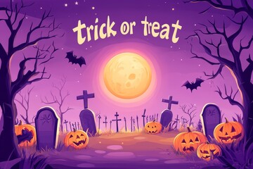 Fototapeta premium Purple themed Halloween wallpaper of a graveyard. Haunted cemetery and dark forest landscape with text 
