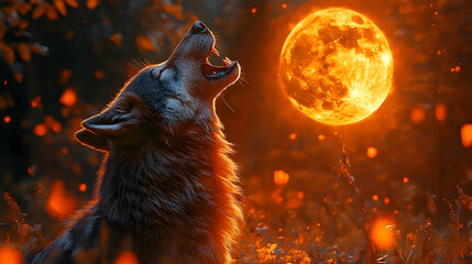 Wolf Howling at the Fiery Full Moon in a Mystical Forest