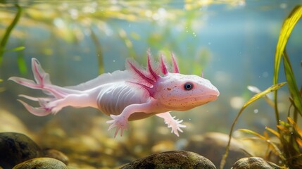 Obraz premium A small, white and pink amphibian is swimming in a body of water