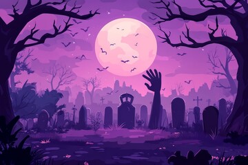 Purple themed Halloween wallpaper of a graveyard. Haunted cemetery and dark forest landscape. Zombie, horror, grave, full moon, bat, undead, seasonal Halloween background pattern concept.