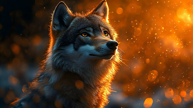 Majestic Wolf Standing Tall in a Golden Forest at Sunset with a Blurry Background of Sparks