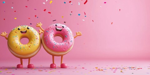 Happy cartoon donuts with sprinkles celebrating with confetti on pink background, children's party and candy bar invitation