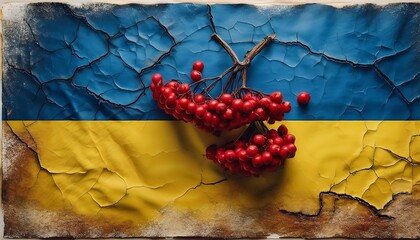 Vibrant rowan berries placed on a textured Ukrainian flag backdrop highlighting national pride and heritage in an artistic display