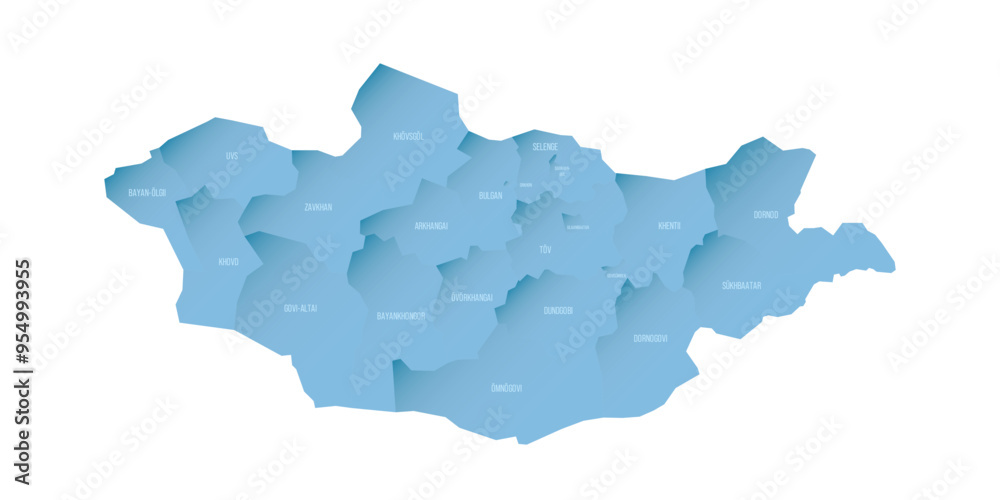 Sticker mongolia political map of administrative divisions - provinces and khot ulaanbaatar. shaded vector m