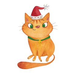 Red cheeky cat with Christmas hat. Watercolour illustration