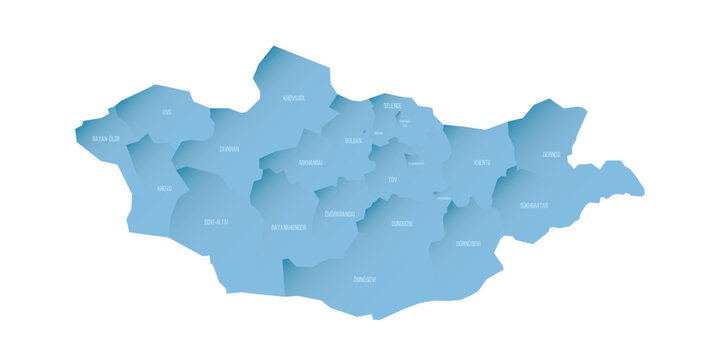 Mongolia political map of administrative divisions - provinces and khot Ulaanbaatar. Shaded vector map with 3D-like blue gradient and name labels