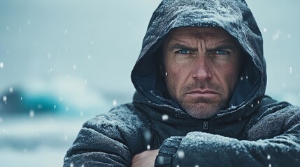 Freezing Man in Winter Gear with Frost and Snow Goggles