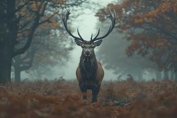 Naklejka premium A Majestic Red Deer Buck in a Misty Forest
