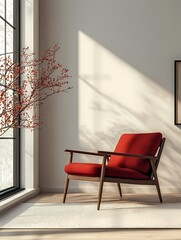 Red armchair in a modern living room with natural light and white rug
