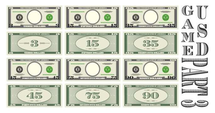 Vector set of fictional game paper money in style of US dollars. Gray obverse and green reverse of banknotes with denominations of 3, 15, 35, 45, 75 and 90. Empty round in center. Part 3