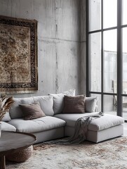 Obraz premium Modern Sectional Sofa In Loft Living Room With Concrete Wall And Large Window