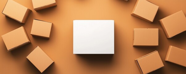 Minimalist Composition with a White Box in the Center Surrounded by Cardboard Boxes for a Balanced Look