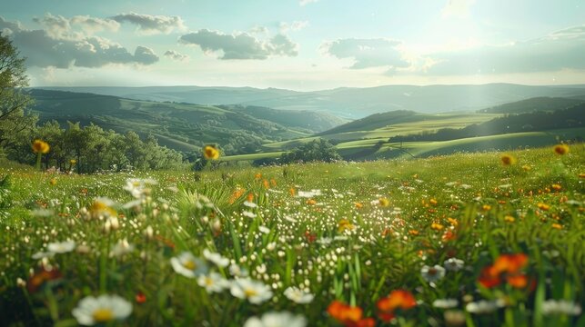 A picturesque countryside with rolling hills and wildflowers in bloom.