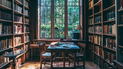 A quiet study area in a library with a table and chair.