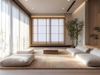 Fototapeta premium Modern Japanese Living Room Interior Design with Tatami Mat Floor and Shoji Screens