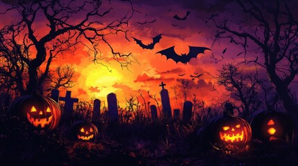 Halloween graveyard scene with glowing pumpkins, eerie trees, and bats flying against a colorful sunset, capturing the spooky atmosphere