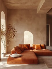 Fototapeta premium Modern Minimalist Living Room Interior Design with Orange Sofa Beige Walls and Sunlight