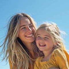 Fototapeta premium A joyful mother and daughter share a sunny moment at the beach, surrounded by bright blue skies, capturing their happiness and connection
