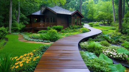 Obraz premium Serene Wooden Pathway Leading to Cozy Cabin in Lush Garden