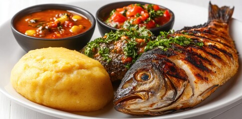 Grilled Fish with Red Pepper Salsa, Corn Stew, and Fufu