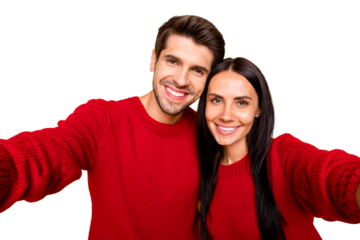 Close up photo of cheeerful spouses make self-portrait wear red sweater isolated over yellow background