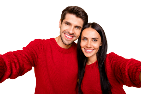 Close up photo of cheeerful spouses make self-portrait wear red sweater isolated over yellow background