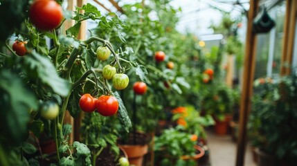 Healthy plant life thriving in a vibrant greenhouse, filled with tomatoes, peppers, and leafy greens, showcasing abundance