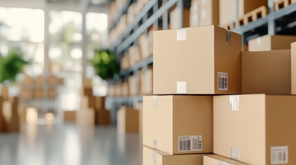 Cardboard boxes are neatly stacked in a spacious warehouse, prepared for shipping and logistics during daylight hours