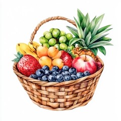 A vibrant fruit basket illustration featuring a mix of bananas, grapes, apples, strawberries, blueberries, and a pineapple in a wicker basket.