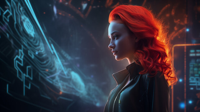 Illustration with a beautiful red-haired girl in sci-fi style. Technologic background, future technologies on a black plan