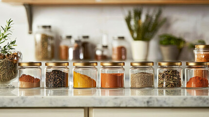 An elegant spice display on a marble countertop, with small glass jars filled with vibrant spices.
