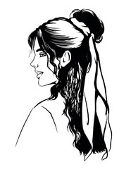 hand-drawn fashion illustration of young woman with messy bun