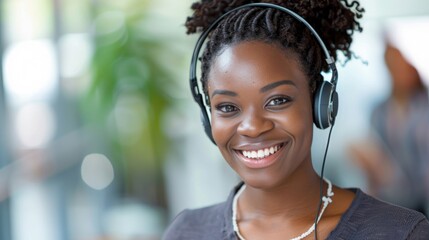 A friendly customer service representative with a headset is engaged in assisting clients in a vibrant office setting