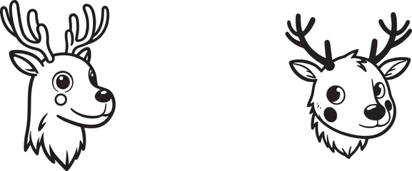 Reindeer head doodle-style outline for Christmas coloring book.