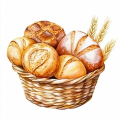 Basket of freshly baked bread rolls and loaves, artistically illustrated in watercolor, showcasing a variety of baked goods in a rustic wicker basket.