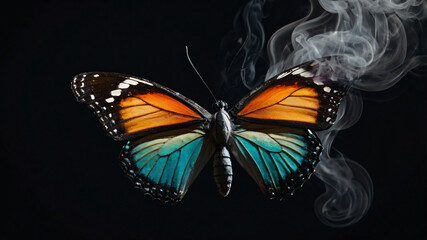 Shining butterfly on a dark background with gradient warm and cold smoke. 