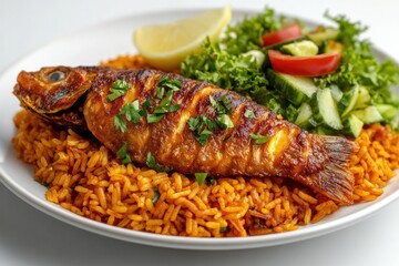 Fototapeta premium Grilled Fish Served with Saffron Rice and Side Salad